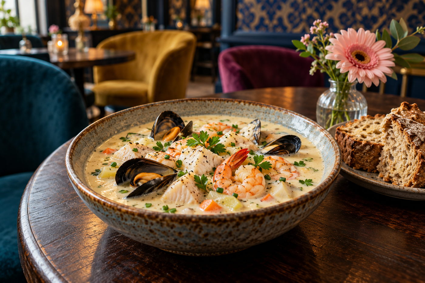 Seafood chowder with brown bread