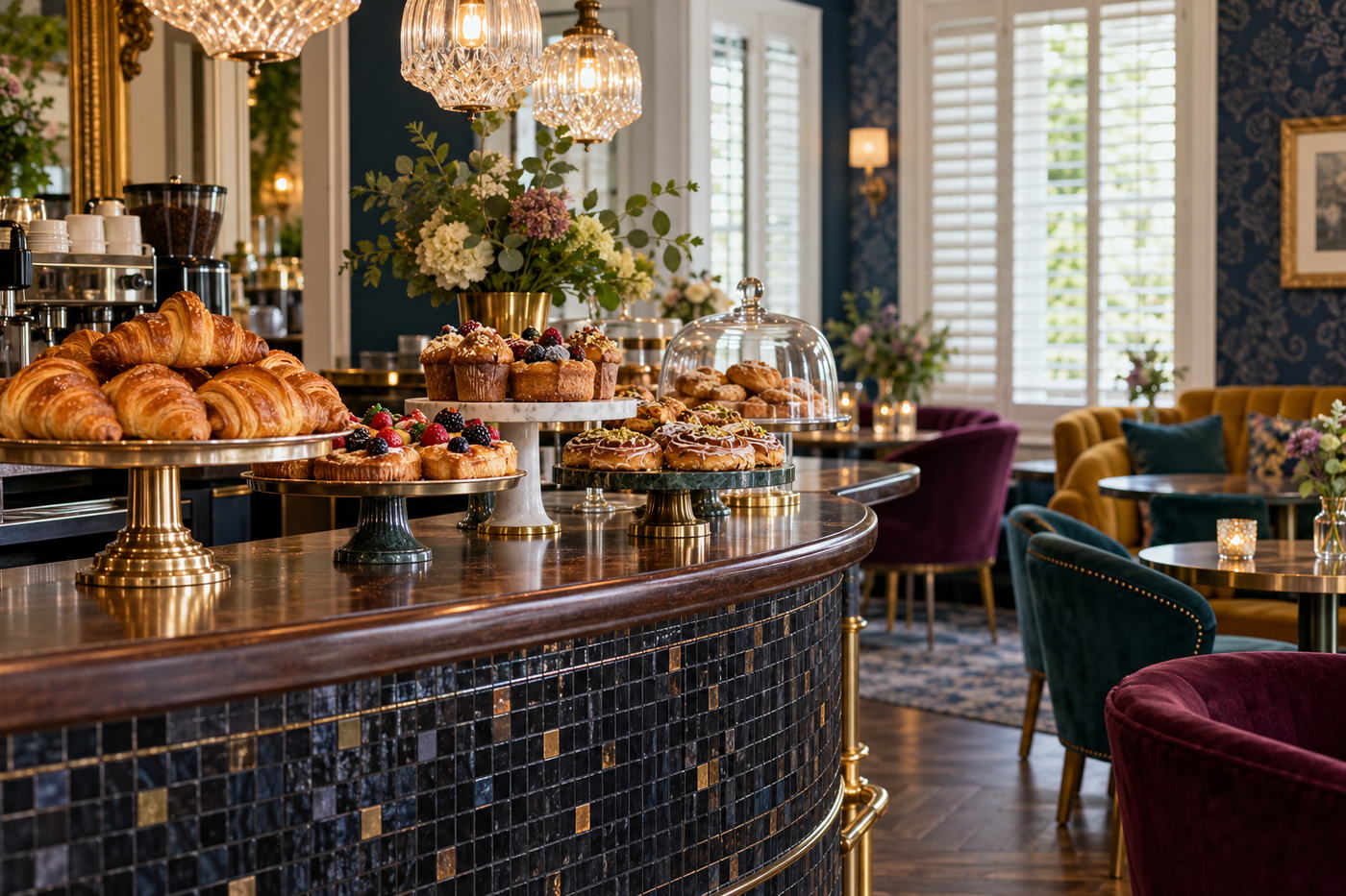 Café counter with pastries under crystal pendant lights