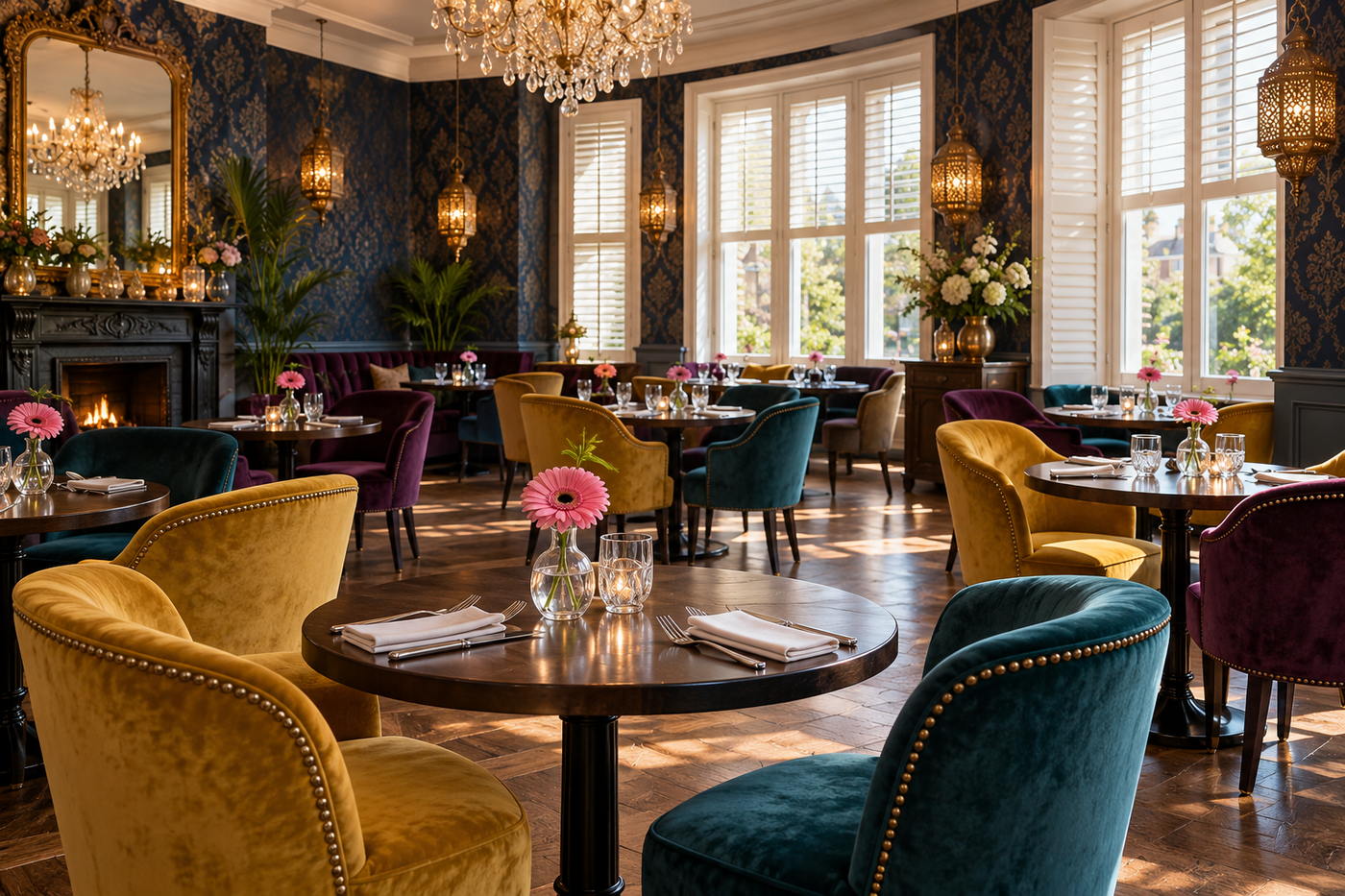 Bright restaurant with tables by tall windows overlooking a river