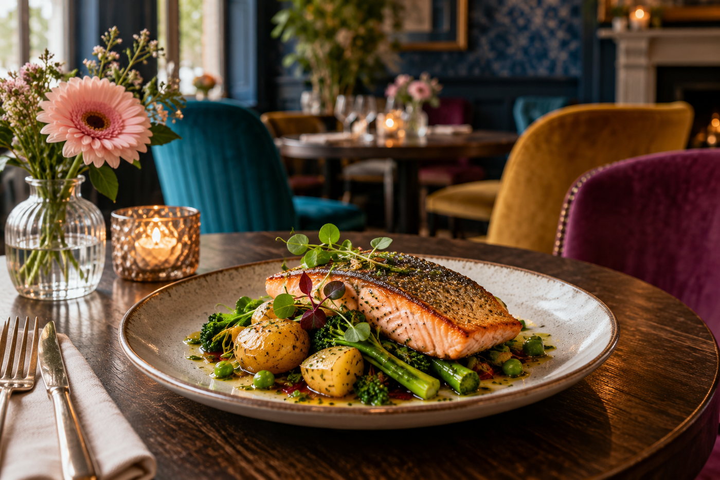Salmon fillet with potatoes and greens