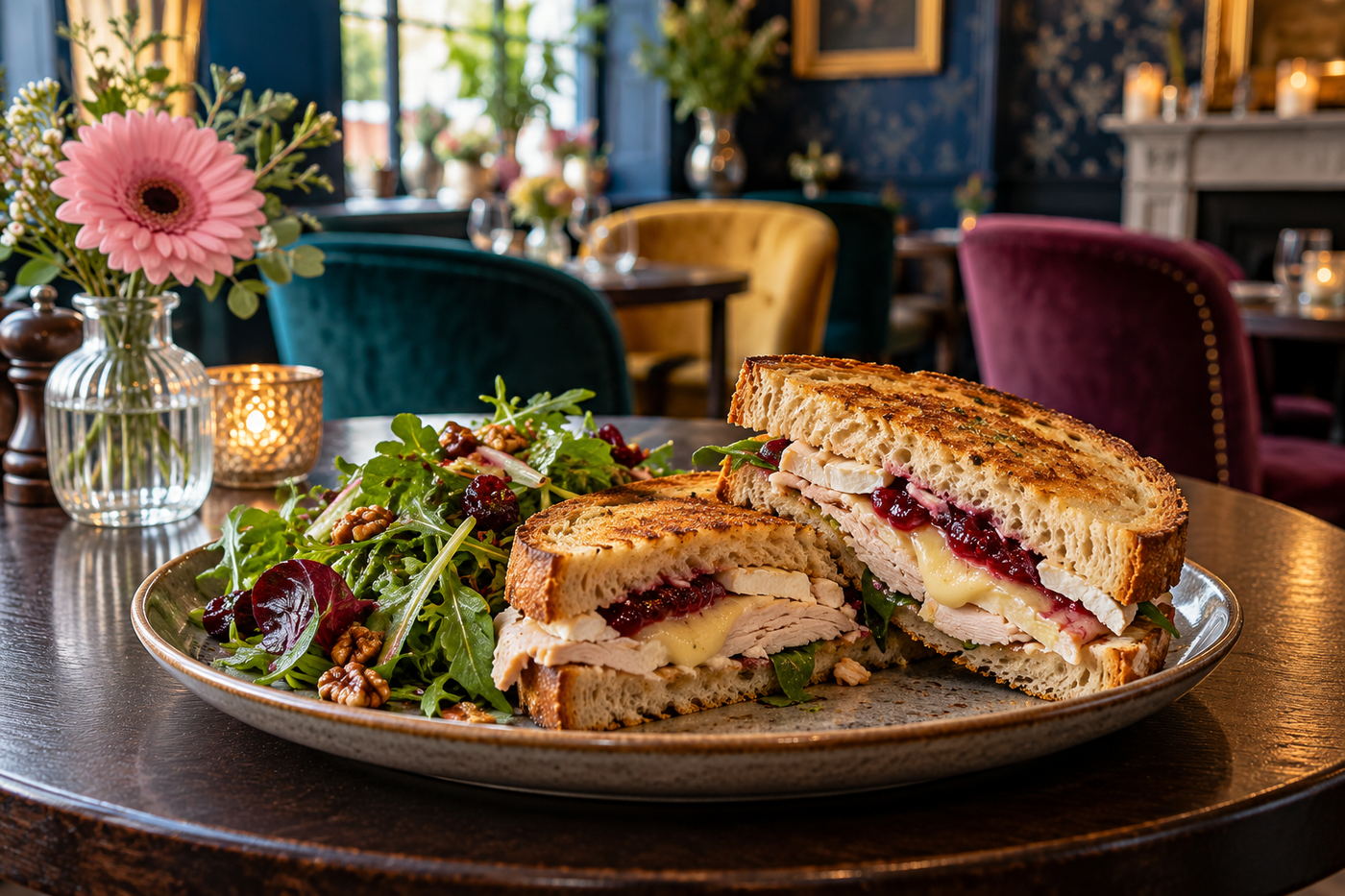 Toasted turkey, brie and cranberry sandwich